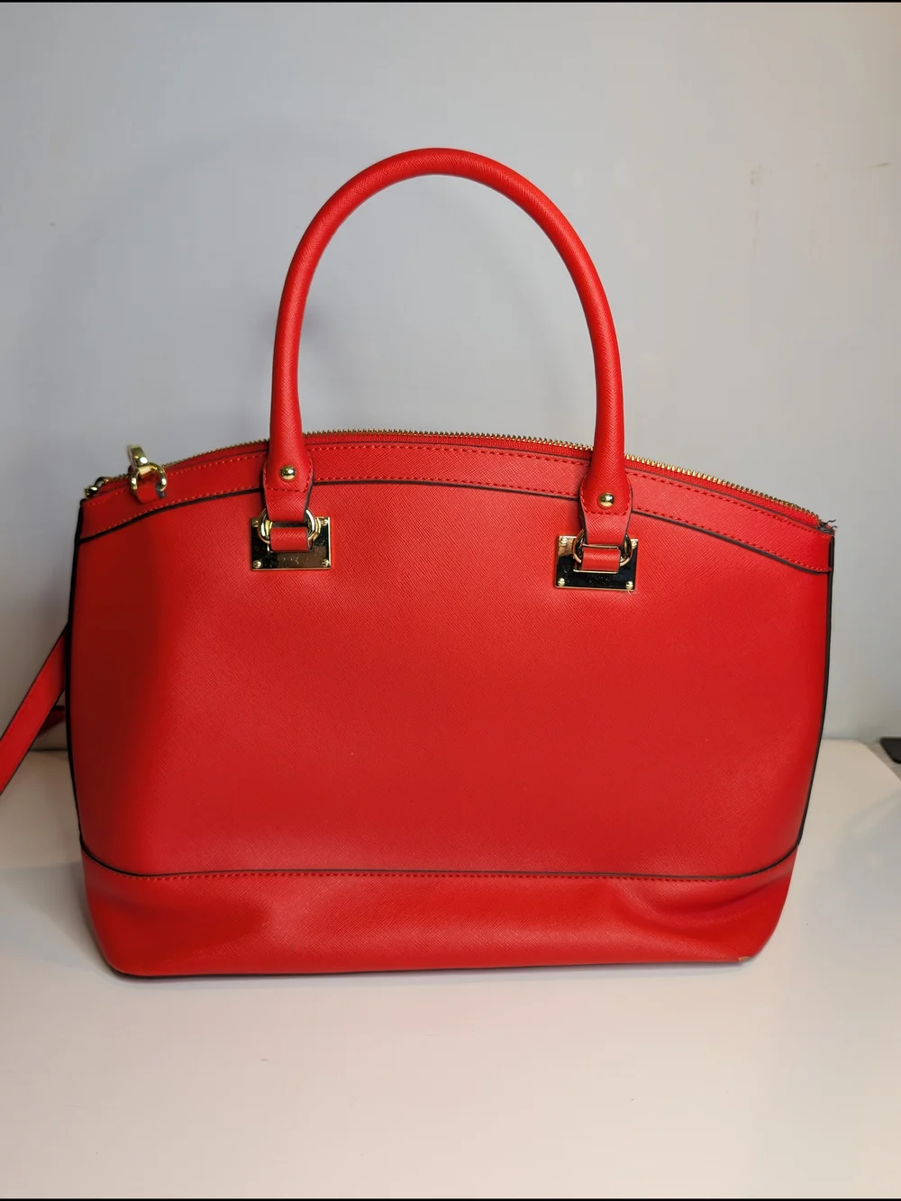 Anne Klein Red Satchel W/Top Handle Zip & Gold Hardware & Detachable Strap